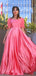 Vintage Hot Pink Half-sleeve Square Neck A-line Long Prom Dress, PD3148