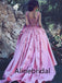 Elegant Pink V-neck Lace Applique A-line Long Prom Dress, Evening Gown, PD3560