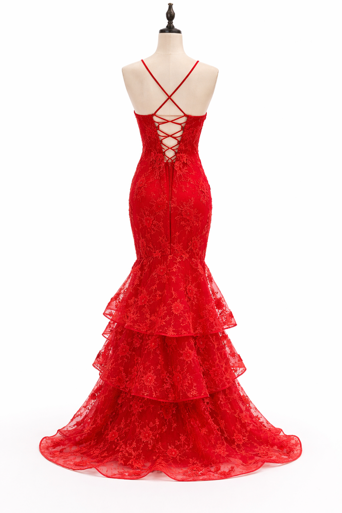 Stunning Red Floral Mermaid Prom Dress with Tiered Ruffles, Evening Dress, PD3823018