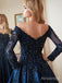 Elegant Navy Blue A-Line Off the Shoulder Long Sleeve Lace Prom Dress, Evening Dress, PD3822979