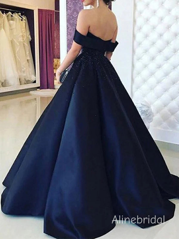 Elegant Navy Blue A-Line Off the Shoulder Long Sleeve Lace Prom Dress, Evening Dress, PD3822979