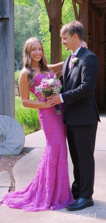 Elegant Sweetheart Strapless Fuchsia Tulle Long Prom Dress with Lace Applique to Impresss, Evening Dress, PD382279