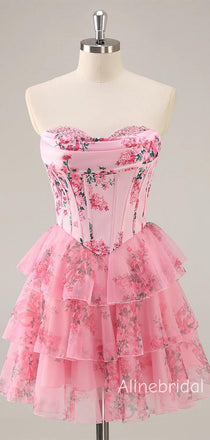 Elegant Pink Floral Corset Ruffle A-line Soft Satin Short Homecoming Dress, Prom Dress, PD382251
