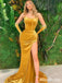 Stunning Shining Strapless Mustard Yellow Velvet Side Slit Mermaid Long Prom Dress, PD3117