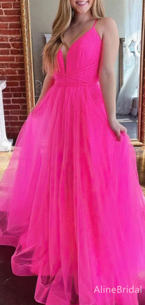 Simple Pink V-neck Spaghetti Strap A-line Long Tulle Prom Dress,PD38080