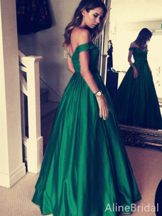 Sexy Green V-neck Off the Shoulder A-line Long Prom Dress, PD38086