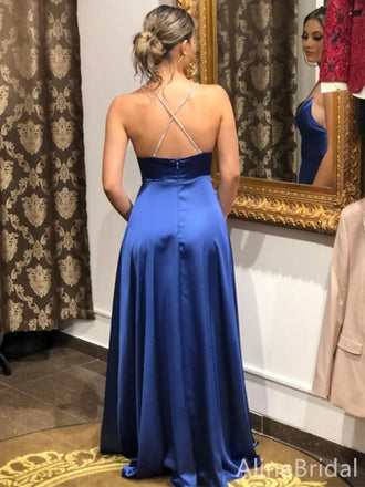 Sexy Blue V-neck Spaghetti Strap A-line Long Prom Dress, Evening Dress, PD38087