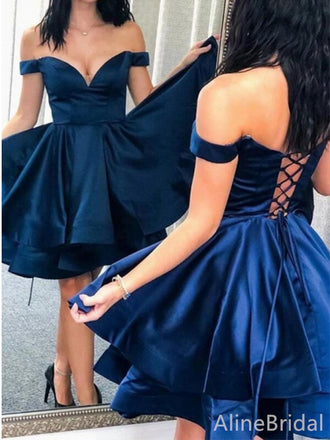 Elegant Dark Blue V-neck Off the Shoulder A-line Short Homecoming Dress, HD327989