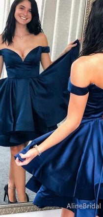 Elegant Dark Blue V-neck Off the Shoulder A-line Short Homecoming Dress, HD327989