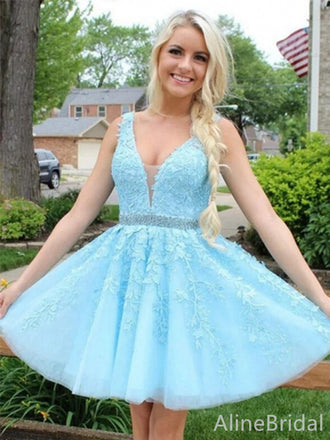 Gorgeous V-neck Blue Lace Appliques A-line Short Homecoming Dress, HD327990