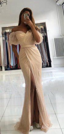 Gorgeous Ivory Off-the-Shoulder Mermaid Long Prom Dress with Pleats, PD38091