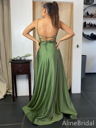 Simple Green Spaghetti Strap Split Side A-line Long Prom Dress, PD38095