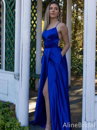 Elegant Royal Blue Spaghetti Strap Split Side A-line Long Prom Dress, PD38093