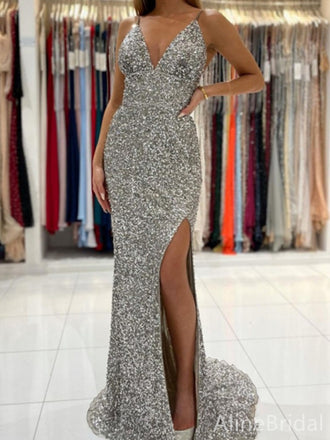 Sparkly Silver Sequins V-neck Spaghetti Strap Mermaid Long Prom Dress, PD38088