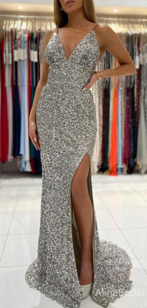 Sparkly Silver Sequins V-neck Spaghetti Strap Mermaid Long Prom Dress, PD38088