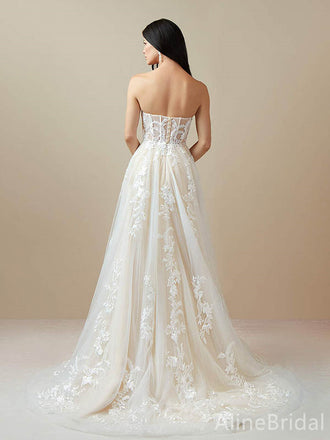 Romantic Sweatheart Strapless Lace A-line Long Wedding Dresses,WD3071