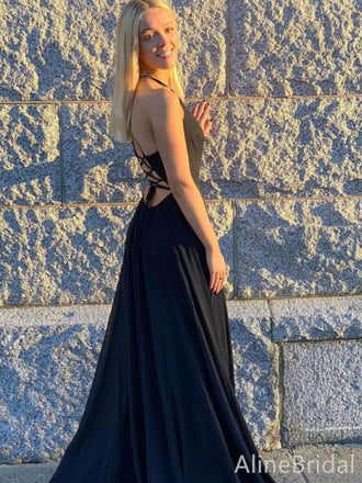 Sexy Black Deep V-neck Spaghetti Strap A-line Long Prom Dress,PD38081