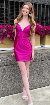 Sexy Fuchisa V-neck Spaghetti Strap Short Mini Homecoming Dress, HD32661