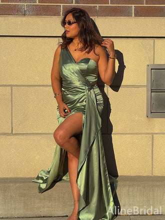 Elegant One Shoulder Pleated Side Slit Mermaid Long Prom Dress, PD38101