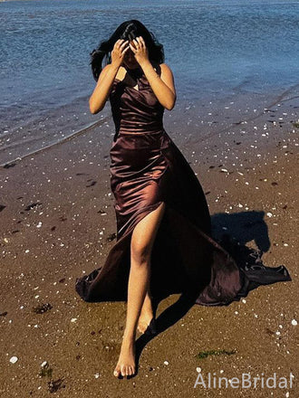 Elegant Dark Brown One Shoulder Side Slit Mermaid Long Prom Dress,Evening Dress, PD38102