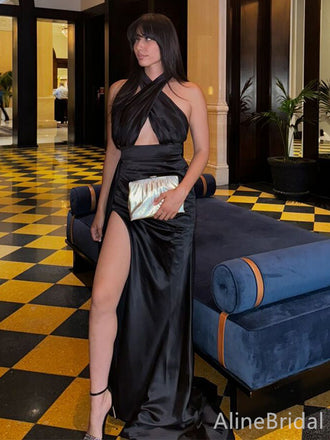 Sexy Black Cross-Halter  Cut-Out Long Prom Dress with Slit, Evening Dress,PD38105