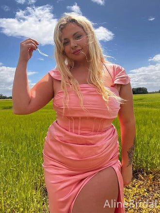 Elegant Pink Off-Shoulder Side Slit Mermaid Long Prom Dress,PD38106