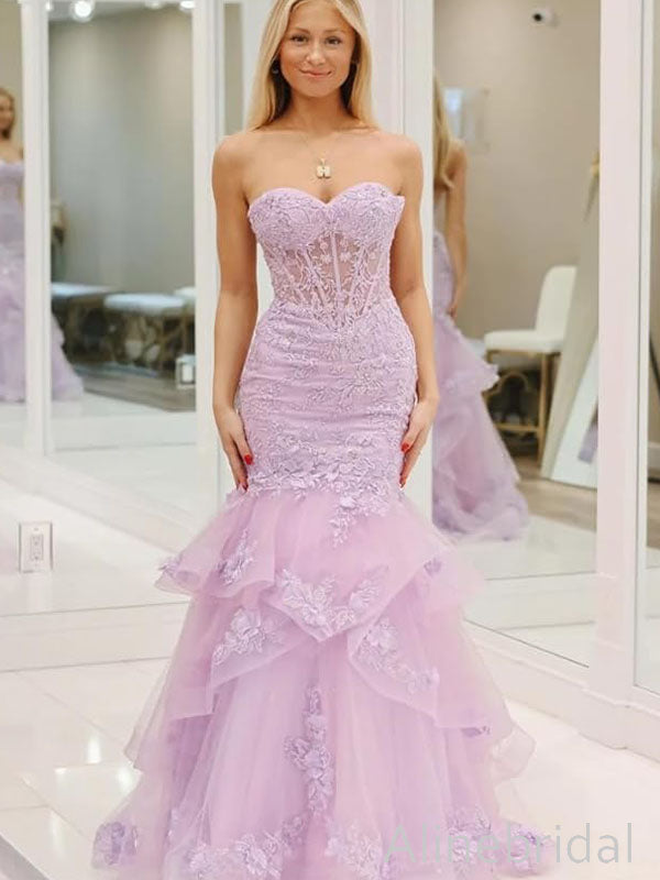 Elegant Purple Strapless Lace Applique Mermaid Prom Dress, Tiered Tulle Evening Dress, PD3822989