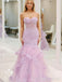 Elegant Purple Strapless Lace Applique Mermaid Prom Dress, Tiered Tulle Evening Dress, PD3822989