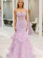 Elegant Purple Strapless Lace Applique Mermaid Prom Dress, Tiered Tulle Evening Dress, PD3822989