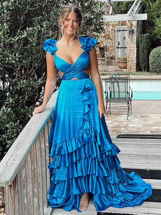 Sexy Blue V-neck Sleeveless Ruffle Tiered Long Prom Dress, PD3649