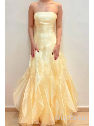 Elegant Strapless Ruffles A-line Long Yellow Tulle Prom Dress, Evening Dress, PD3823017