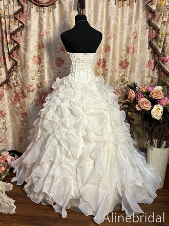 Gorgeous Ivory Strapless Ruffled Tiered Prom Ball Gown, Lace-Up Back Evening Dress, PD3822991