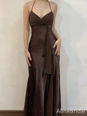 Sexy Chocolate V-neck Halter Mermaid Long Prom Dress, Evening Dress, PD38116