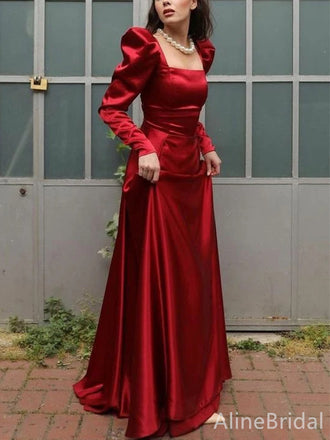 Elegant Red Square Long Sleeves A-line Long Prom Dress,PD38119