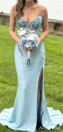 Stunning Blue Lace Appliques Strapless Mermaid Prom Dress with Slit, Evening Dress, PD3823045