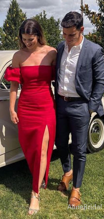 Elegant Red Off the Shoulder Mermaid Long Prom Dress with Slit, PD38126