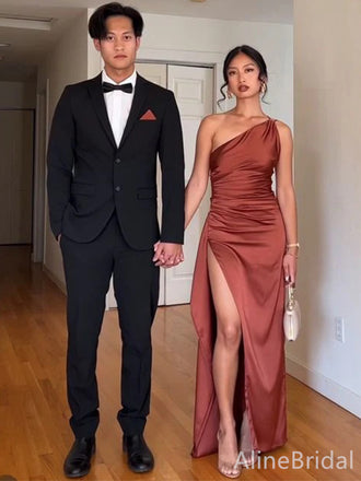 Elegant Reddish - Brown One Shoulder Side Slit Mermaid Long Prom Dress, PD38127