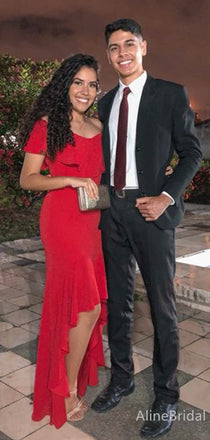 Elegant Red V-Neck High-Low Mermaid Long Prom Dress, PD38129