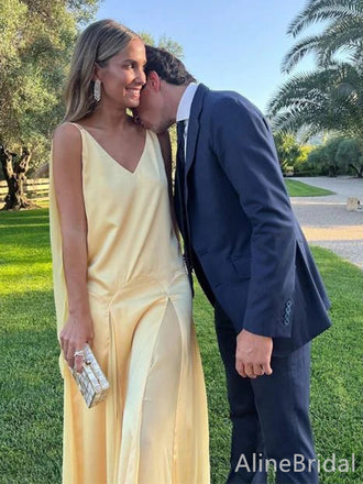 Unique Yellow V-neck A-line Long Prom Dress, Evening Dress, PD38130