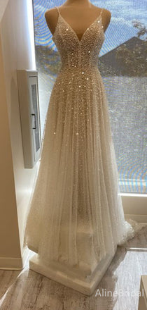 Sparkly White V-neck Spaghetti Strap A-line Long Prom Dress, Tulle Evening Gowns, PD38132