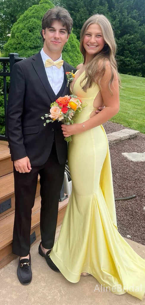 Elegant Light Yellow V-neck Backless Spaghetti Strap Mermaid Long Prom Dress, PD38133