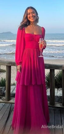 Elegant Hot Pink Chiffon Square A-line Long Layered Prom Dress with Long Sleeves, Evening Dress, PD38137