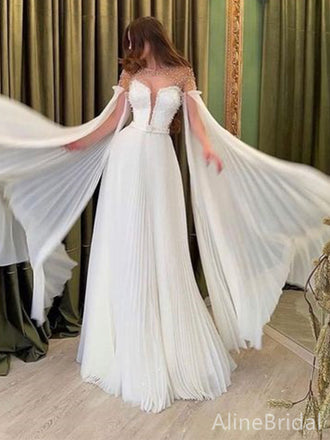 Gorgeous White V-neck A-line Long Wedding Dress with Flowing Cape, PD38144