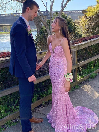 Sparkly Pink Sequins Sweetheart Spaghetti Strap Mermaid Long Prom Dress, PD38152