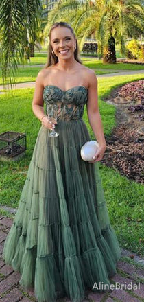 Elegant Green Sweetheart Strapless A-line Long Layered Tulle Prom Dress, PD38153