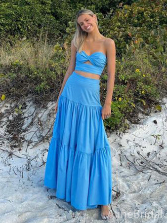 Simple Blue Sweetheart Strapless Two Piece A-line Long Prom Dress,PD38154