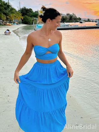 Simple Blue Sweetheart Strapless Two Piece A-line Long Prom Dress,PD38154
