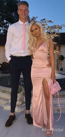 Elegant Pink  V-neck Spaghetti Strap A-line Long Prom Dress with Slit, PD38155