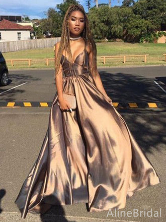 Elegant Champagne Gold V-neck Spaghetti Strap A-line Long Prom Dress,PD38157