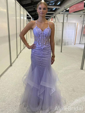 Elegant Purple V-neck Lace Applique Mermaid Long Layered Tulle Prom Dress, PD38158